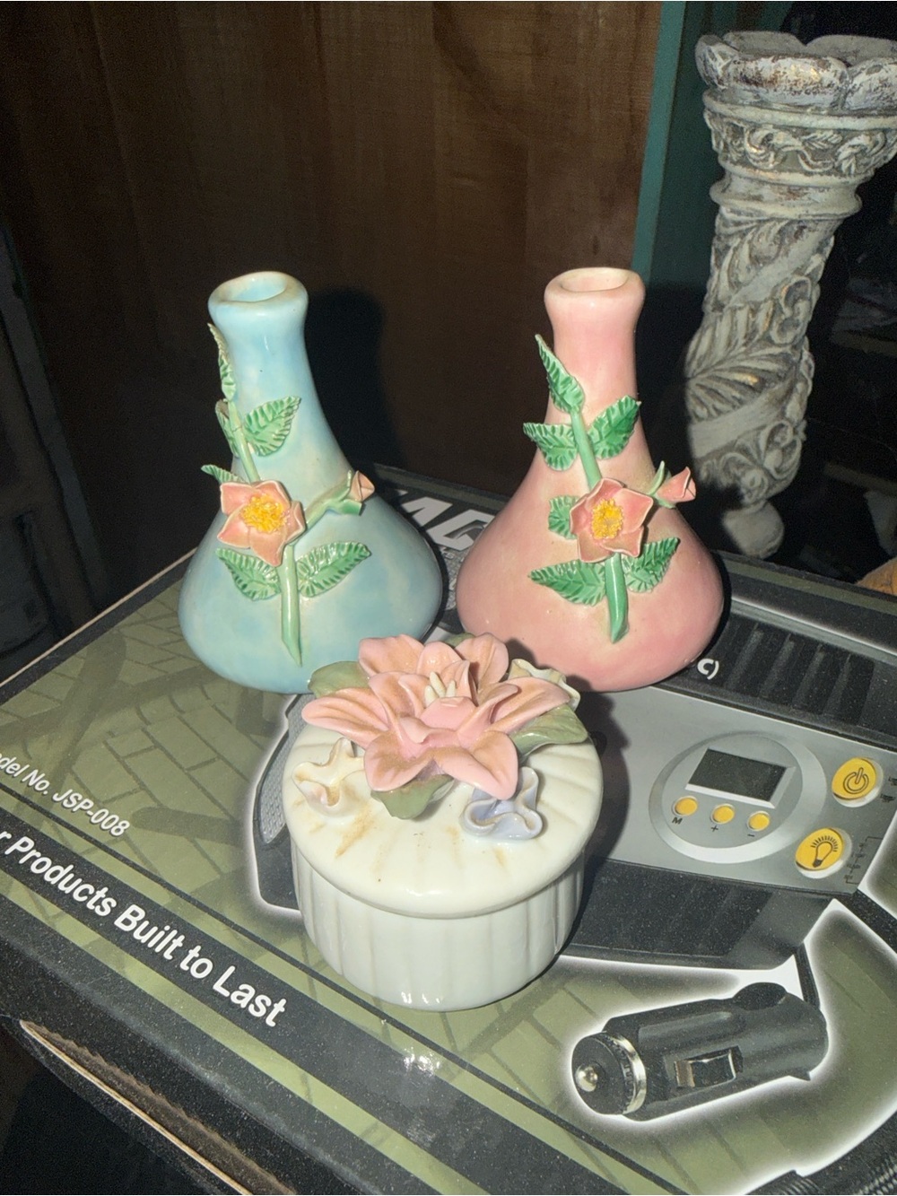 Hand-Painted Floral Ceramic Vase - Pink and Blue with trinket jar